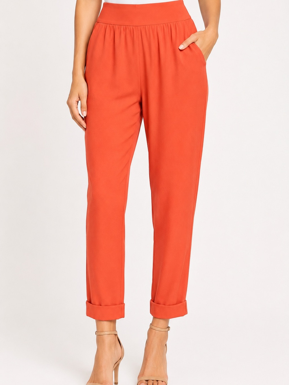 Mustard Seed Cropped Cuffed Trousers Pants in Coral Orange Medium Side Zip